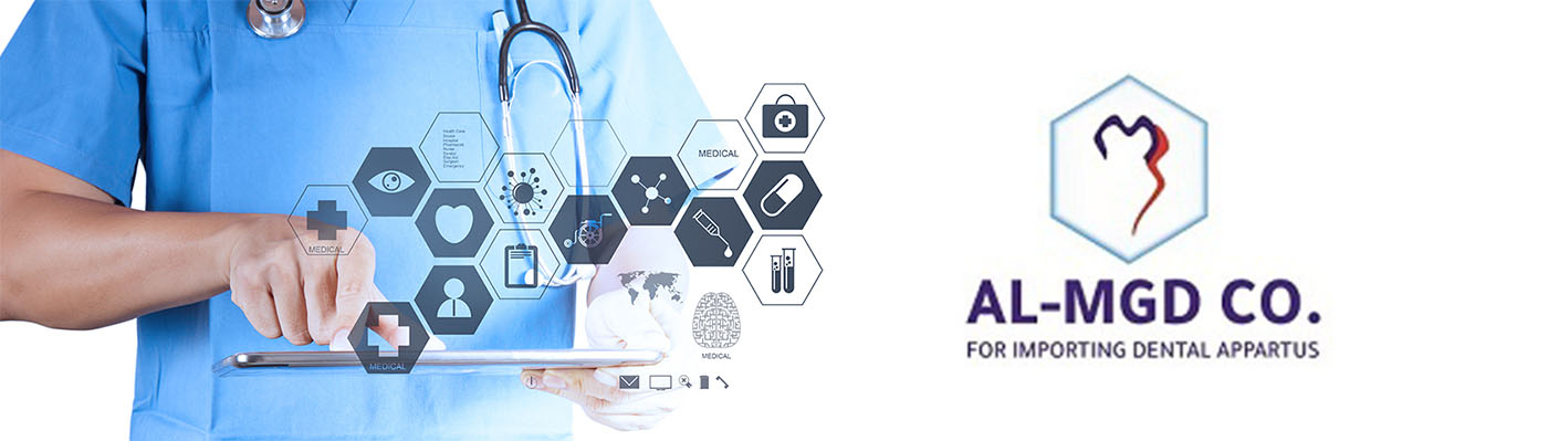 Almgd Company banner with a dentist in scrubs